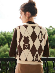 Knitted Vest Rhombus V-neck Bandage Dress Sweater