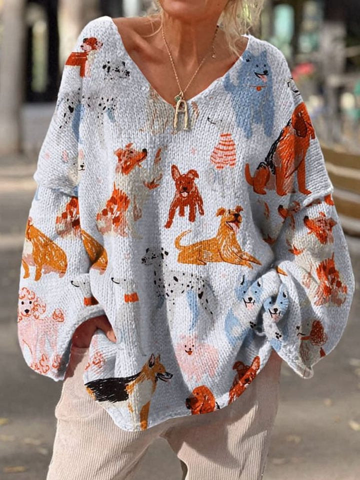 Elegant Digital Printing Casual Loose Sweater Dress