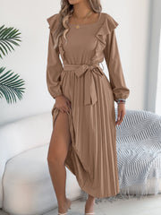Elegant Ruffle Trim Square Neck Long Sleeve Tie Waist Pleated Dress