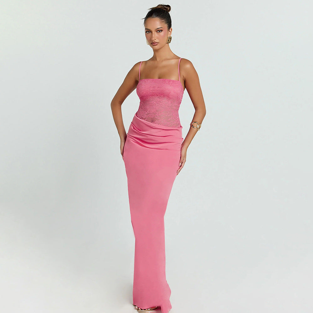 Chic Strapless Lace-Patchwork Evening Gown Long Street-Style Slim-Fit Slip Dress With Open Back