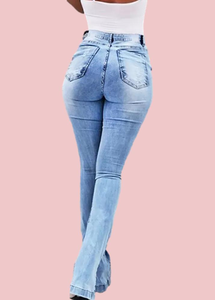 Elastic Slit Flared High Waist Jeans Trousers
