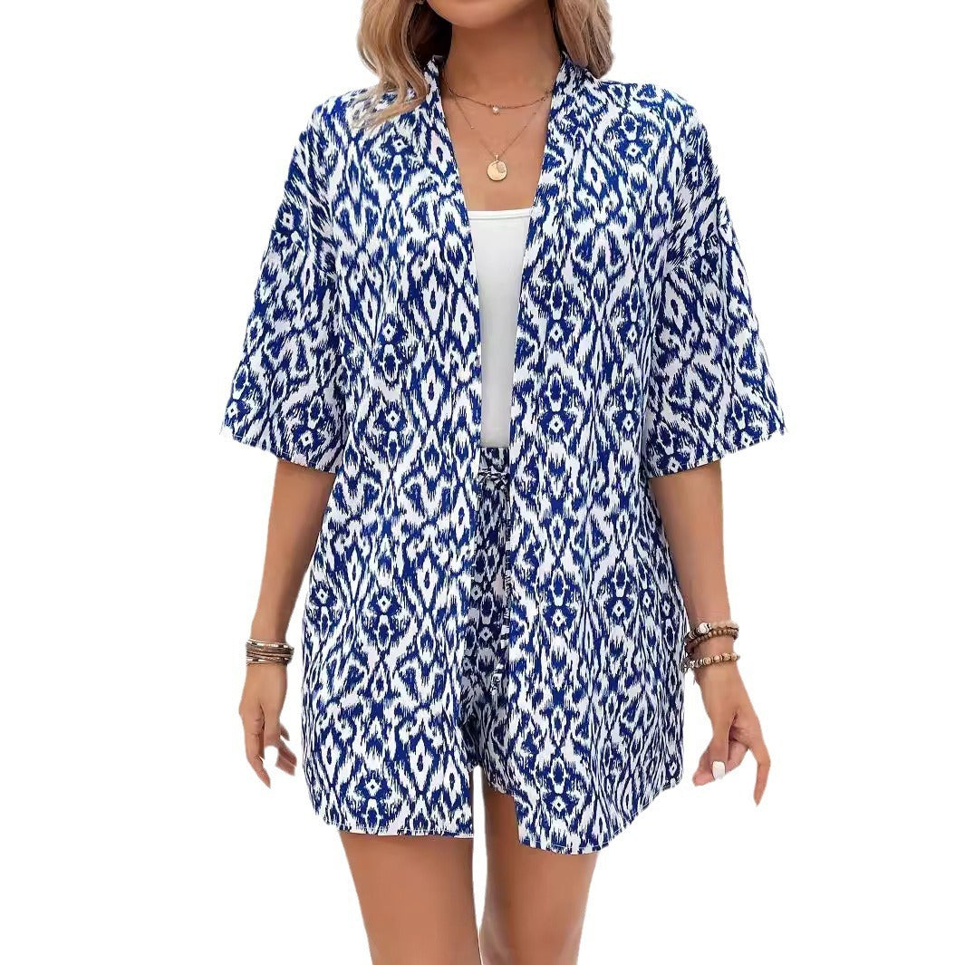 Loose Print Cardigan Suit Women