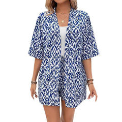 Loose Print Cardigan Suit Women