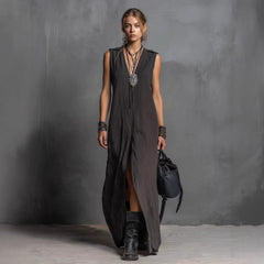 Womens Split Long Sleeveless V-Neck Dress