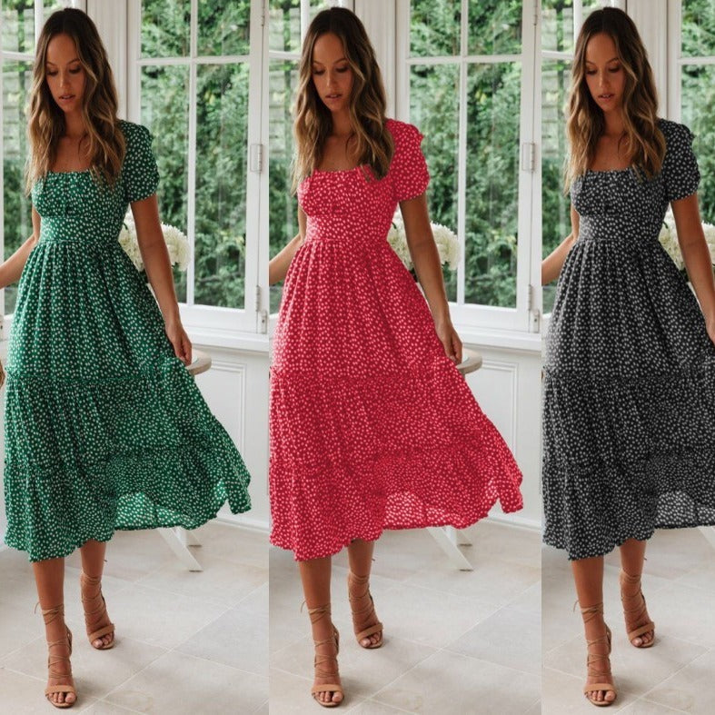 Square Collar Short Sleeve Dress Puff Floral Printed Dress Long Dresses