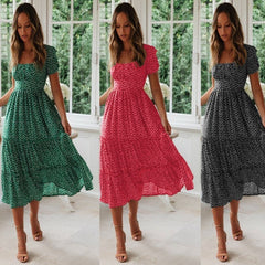 Square Collar Short Sleeve Dress Puff Floral Printed Dress Long Dresses