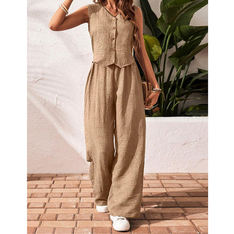 Womens Two Piece Outfits Button V Neck Crop Vest Blazer And Wide Leg Pants Suit Matching Sets