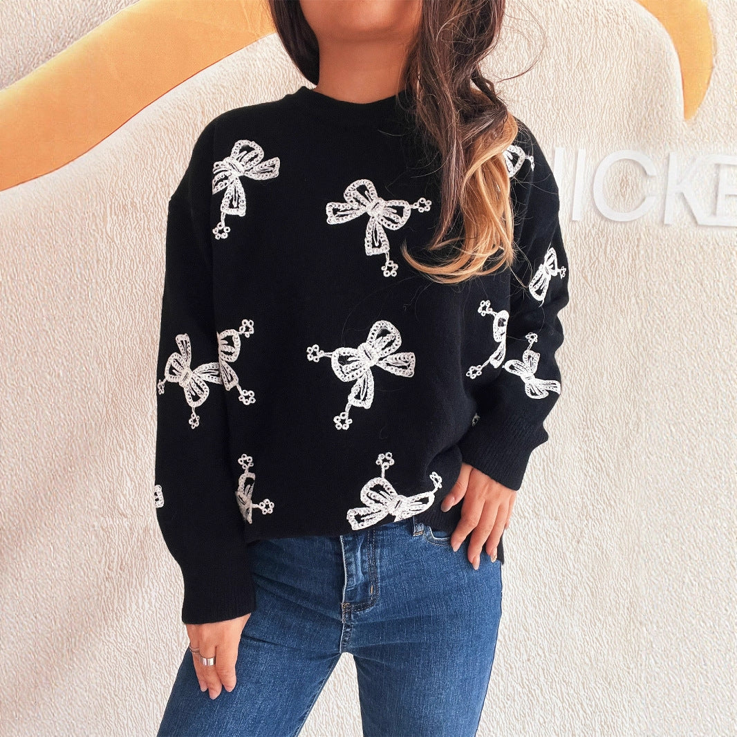 Contrast Color Bow Casual Loose Knitted Round Neck Sweater