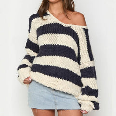Fall Casual Loose Knitted Sweater Oblique Shoulder