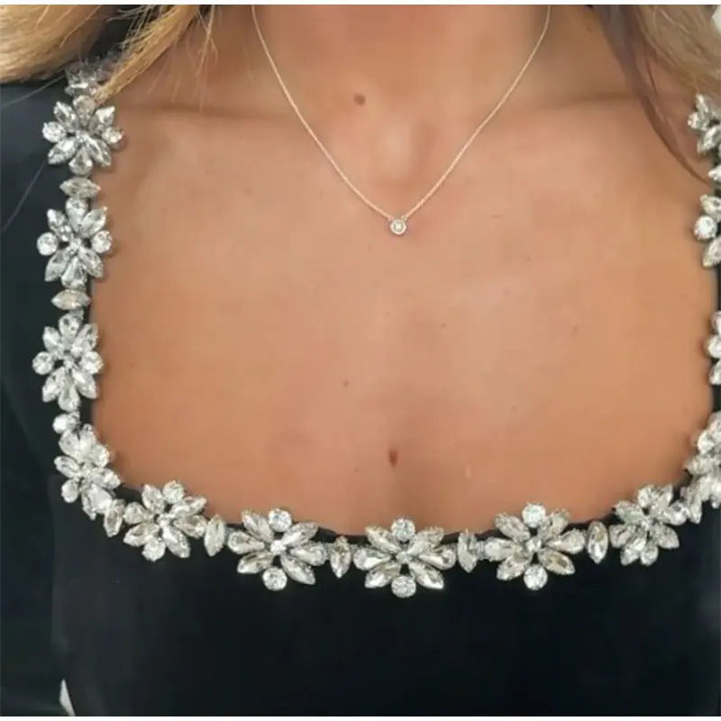 Elegant Square Neck Long-sleeved Dress With Flowers Rhinestone Design A-line Short Dresses Spring Clothing For Women