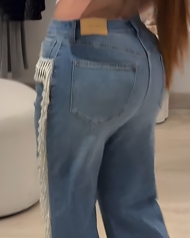 Beaded Tassel Trim Straight Leg Jeans