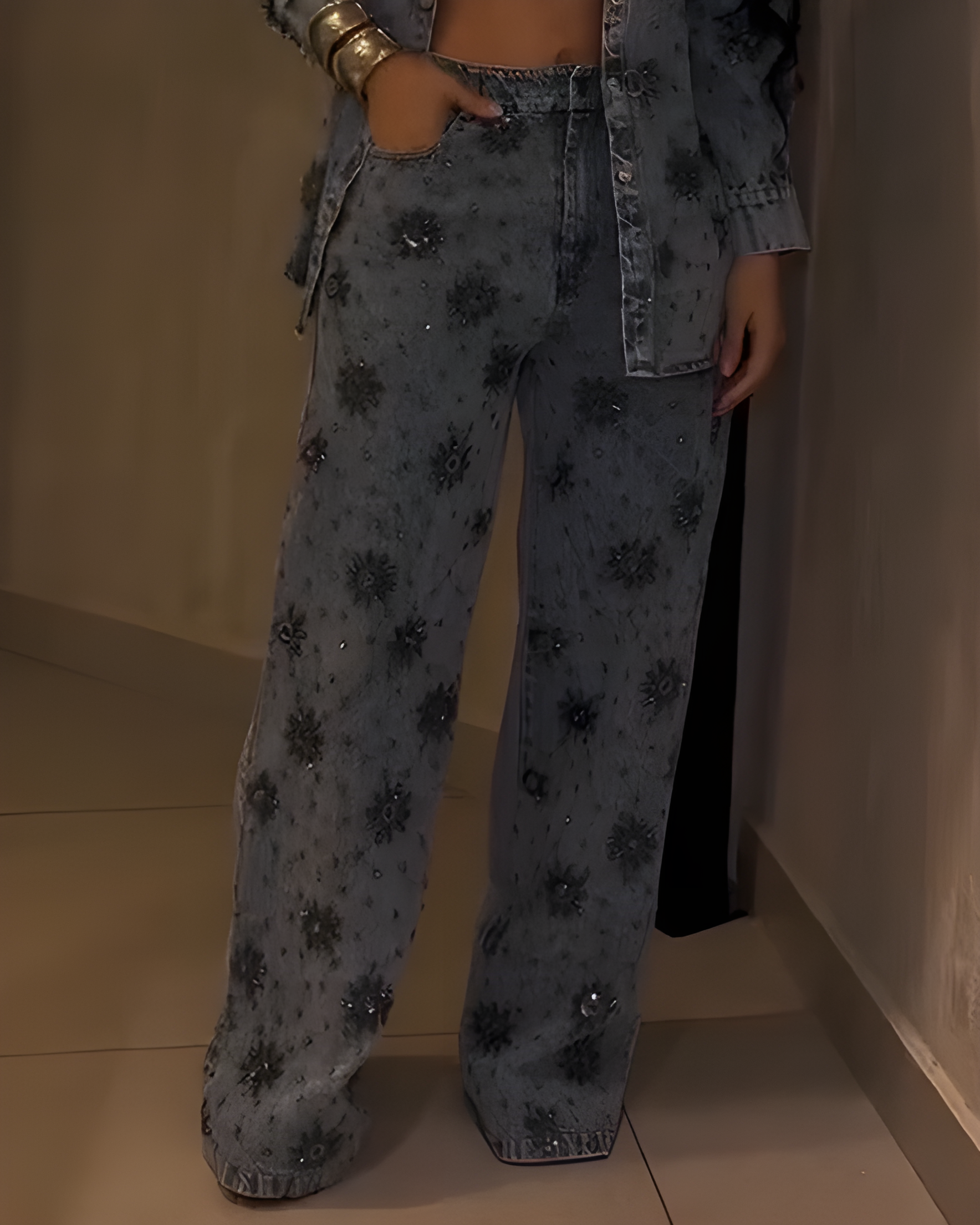 Floral Beaded Sparkling Straight Leg Jeans