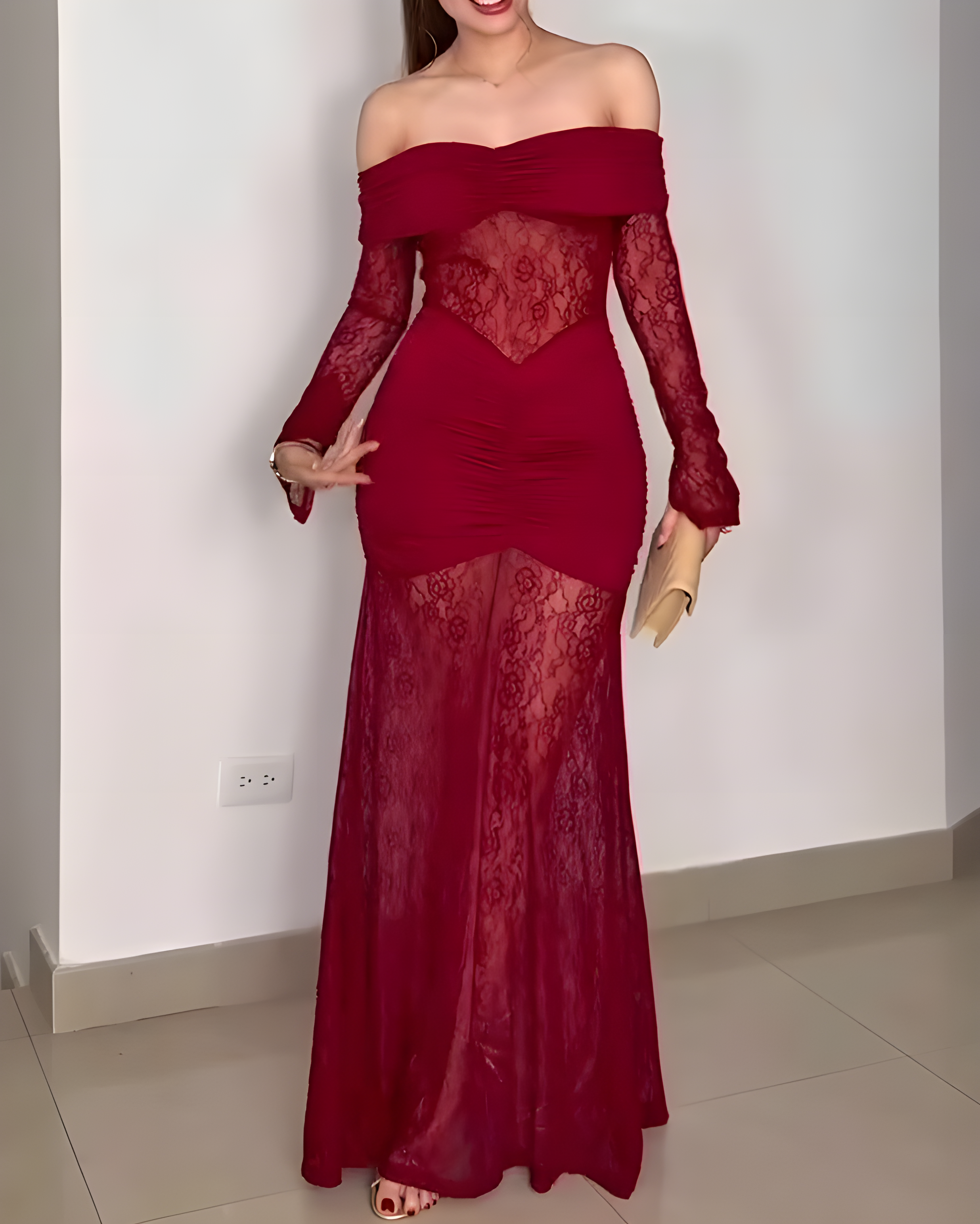 Lace Off-Shoulder Slit Long-Sleeved Dress