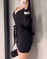 V-Neck Tie-Up Long-Sleeved Dress