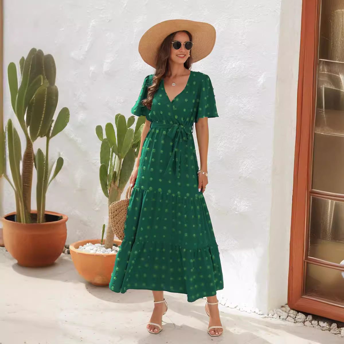 V-neck Short Sleeve Dress Fur-ball Design Tied High Waist Long Long Dresses