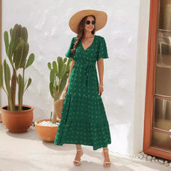 V-neck Short Sleeve Dress Fur-ball Design Tied High Waist Long Long Dresses