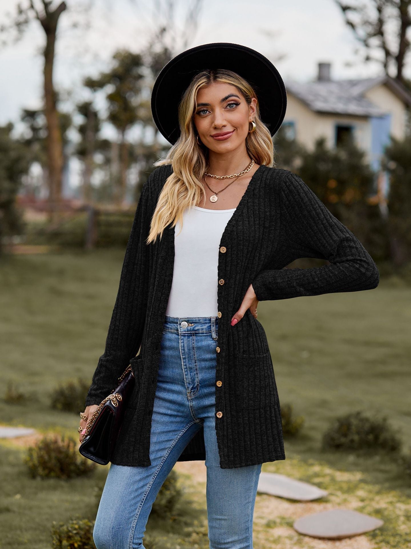 Fall Clothing Sunken Stripe Solid Color Long Sleeve Sweater
