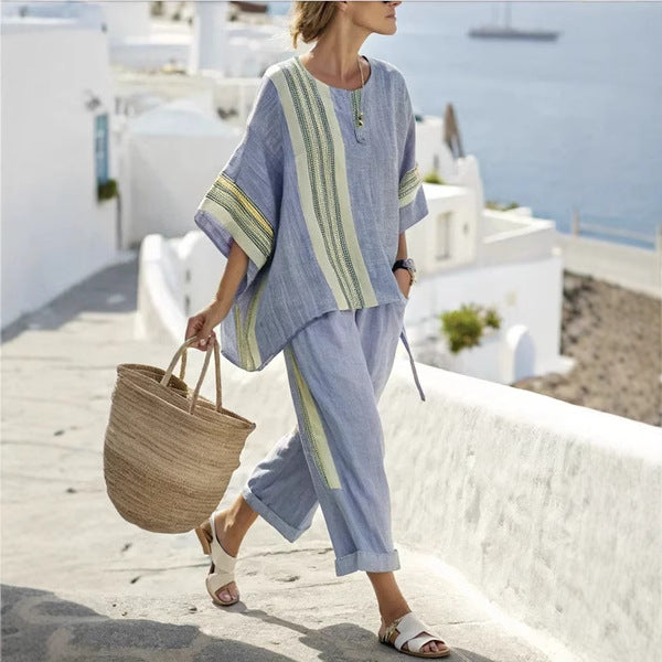 Striped Suits Loose Batwing Sleeve T-shirt And Solid Straight-leg Pants
