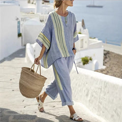 Striped Suits Loose Batwing Sleeve T-shirt And Solid Straight-leg Pants