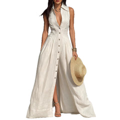 High-waisted Lapel Shirt-style Maxi Dress