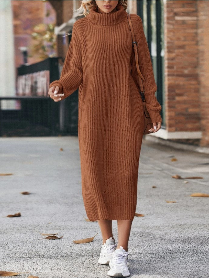 Turtleneck Knitted Sweater Dress Solid Loose Pullover Long Dresses For Clothing