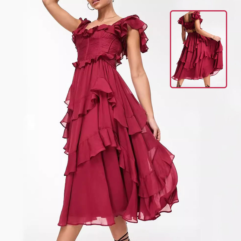 Holiday Ruffled Short-sleeved Dress Backless Square Neck Long Dresses For Party Womens Clothing