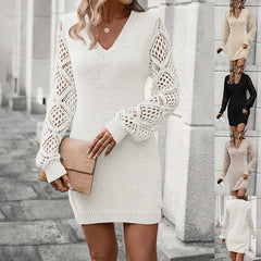 V-neck Knitted Dress Solid Color Hollow Long-sleeved Sweater Dresses Clothing
