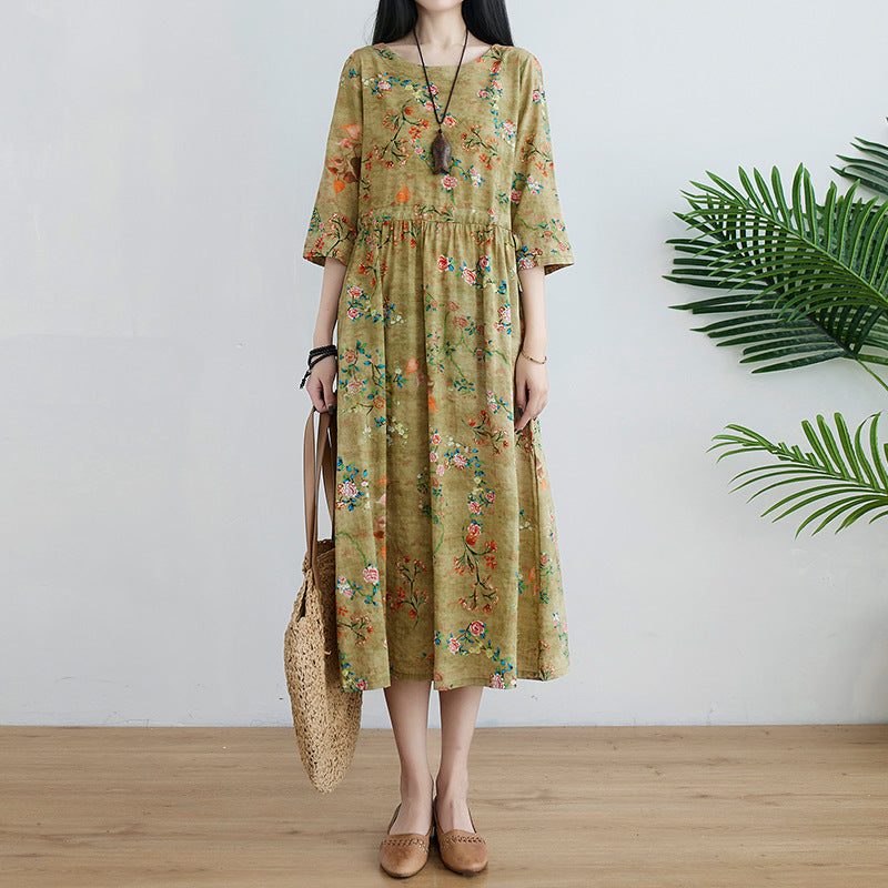 Cotton And Linen Literary Retro Dress Loose Large Size Waist Dress