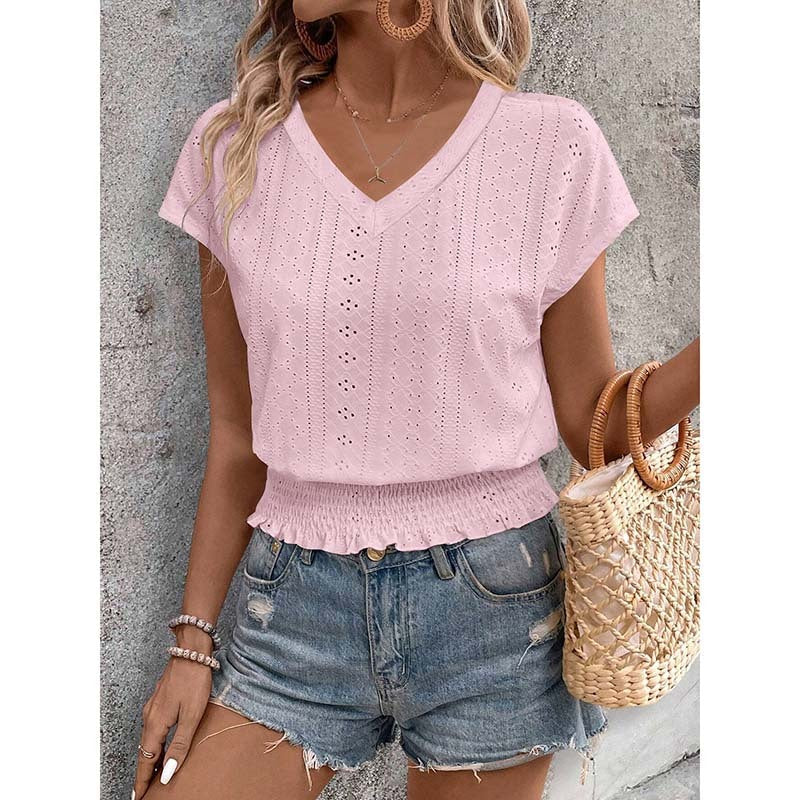 Eyelet Top Casual V Neck Short Sleeve Smocked Shirts Loose Tunic Tops Blouses