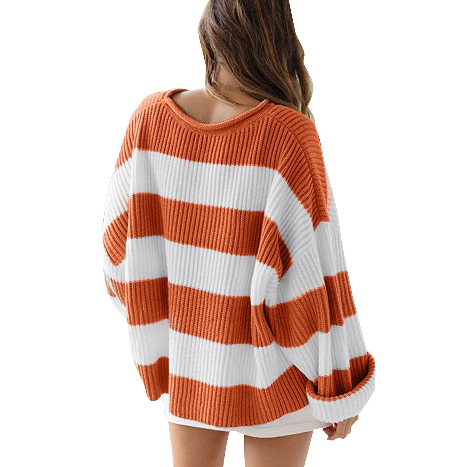 Loose Striped Sweater Casual Long Batwing Sleeve Round Neck Pullover Knit Tops Clothing