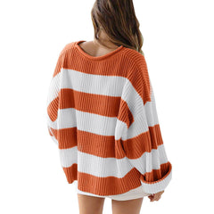 Loose Striped Sweater Casual Long Batwing Sleeve Round Neck Pullover Knit Tops Clothing
