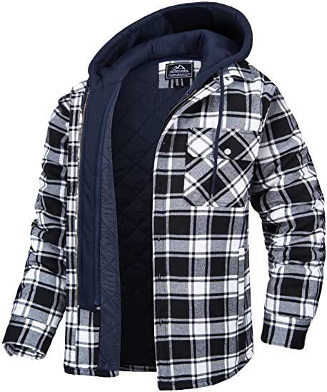Men's Plaid Hooded Coat Warm Button Zip-up Jacket Casual Thick Padded Long Sleeves Outerwear Clothing