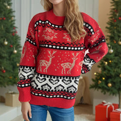Christmas Casual Red Deer Jacquard Long-sleeved Round Neck Sweater