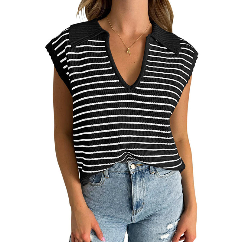 V Neck Cap Sleeve Sweater Vest Sleeveless Collared Striped Knit Tank Tops