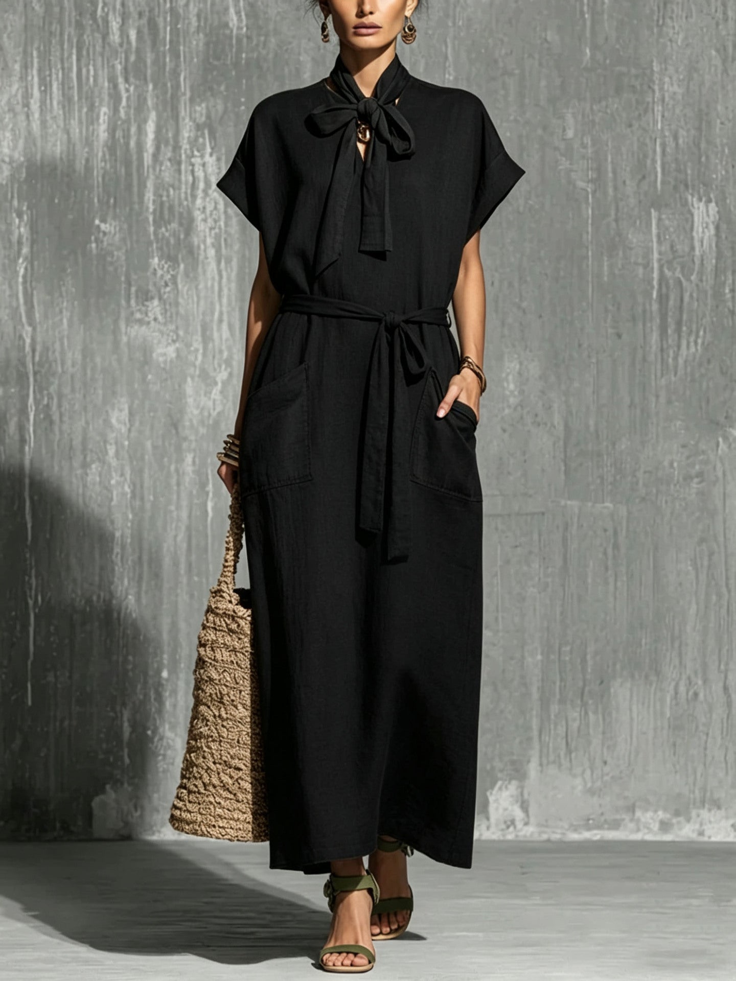 V-neck Lace-up Short-sleeve Solid-color Loose Casual Dress
