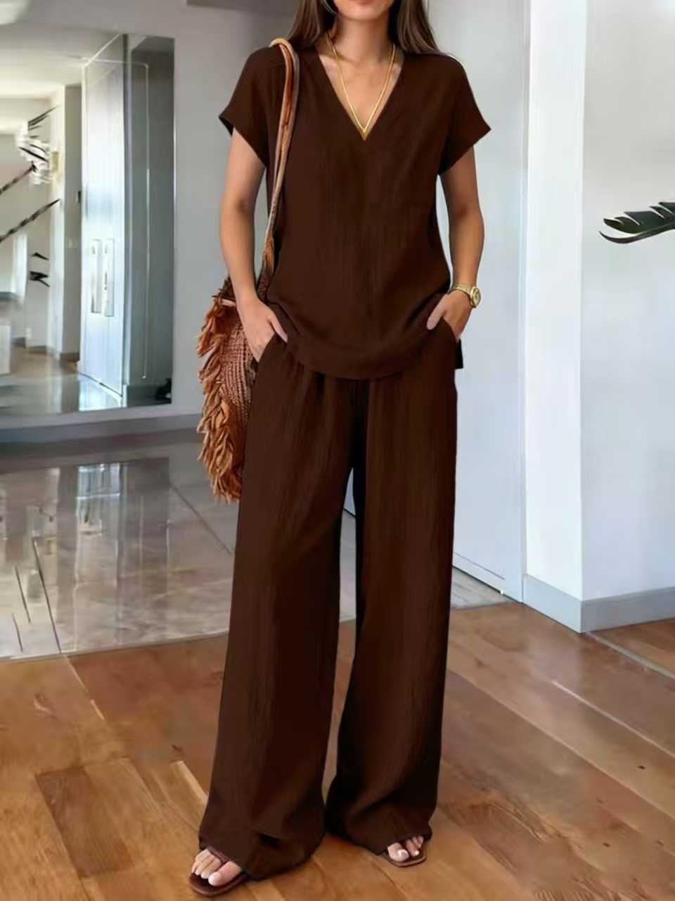 V-neck Short-sleeve T-shirt And Wide-leg Pants Womens Suit