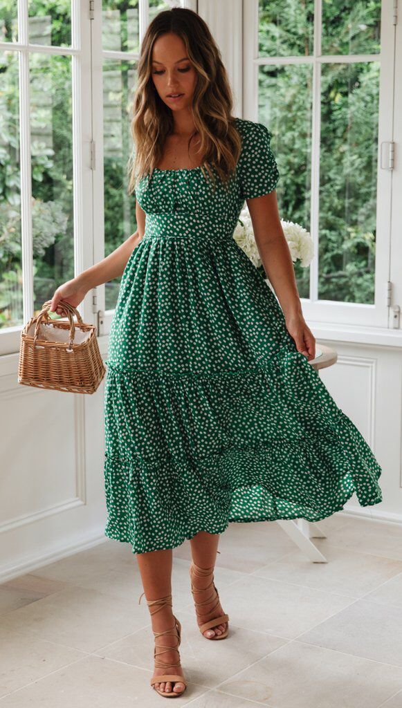 Square Collar Short Sleeve Dress Puff Floral Printed Dress Long Dresses