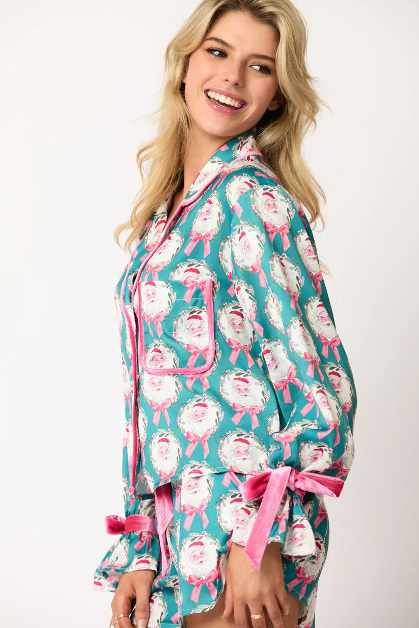 2 Pcs Christmas Pajama Set Santa Tree Print Lapel Neck Button-up Long Sleeve Tops Shorts Loungewear Outfit