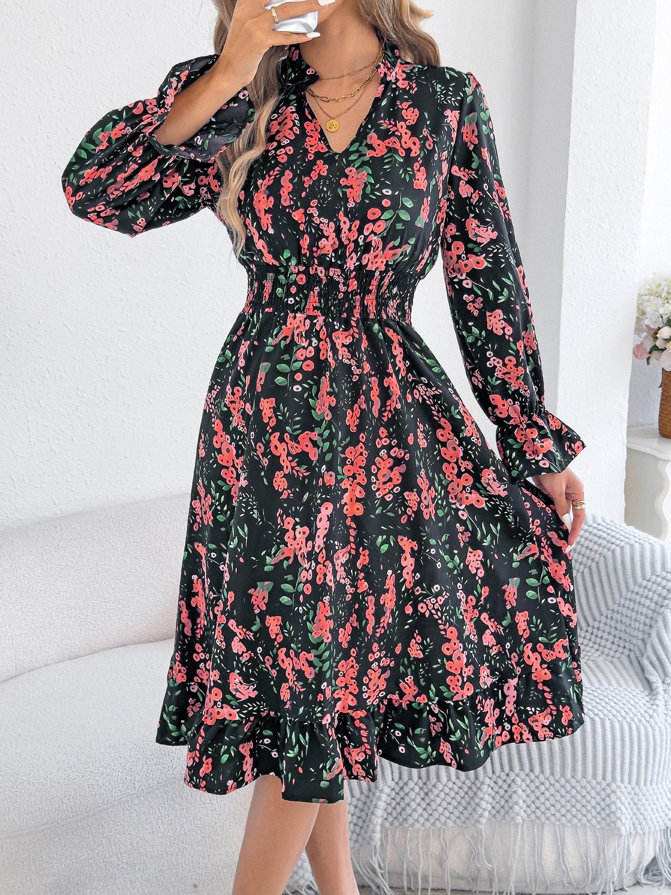 Casual Floral Print Bell Sleeve Tie Waist A-Line Dress