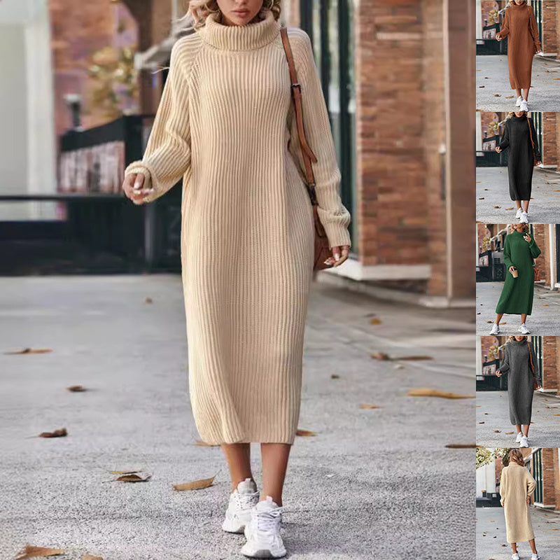 Turtleneck Knitted Sweater Dress Solid Loose Pullover Long Dresses For Clothing