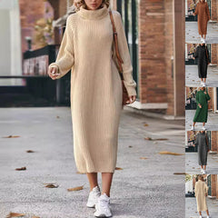 Turtleneck Knitted Sweater Dress Solid Loose Pullover Long Dresses For Clothing
