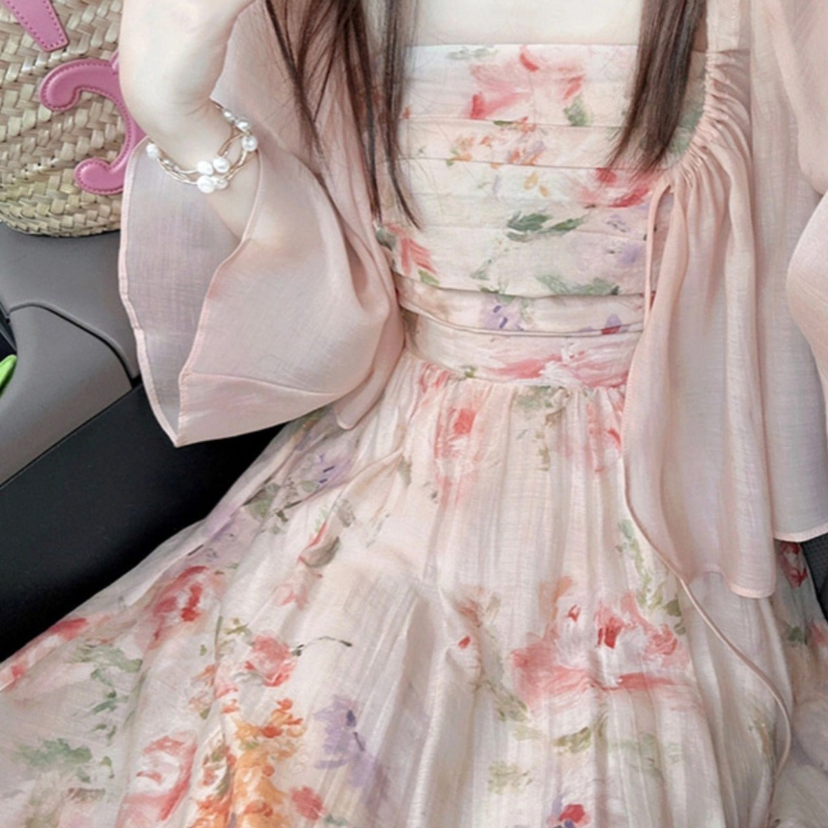 French-style Vintage Floral Sling Dress Cardigan