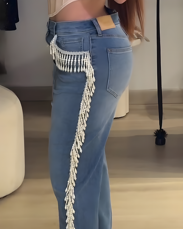 Beaded Tassel Trim Straight Leg Jeans