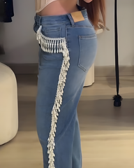 Beaded Tassel Trim Straight Leg Jeans