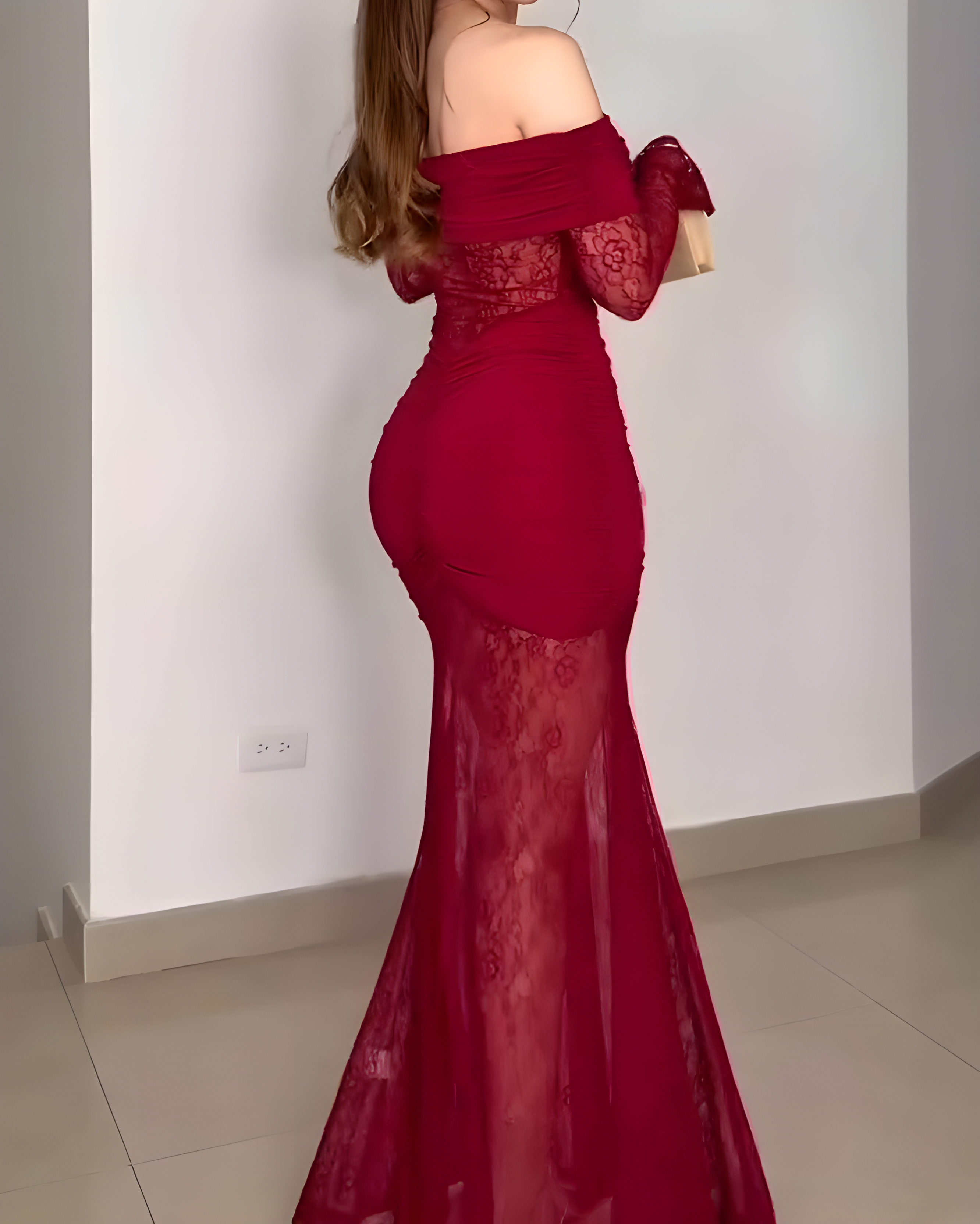 Lace Off-Shoulder Slit Long-Sleeved Dress