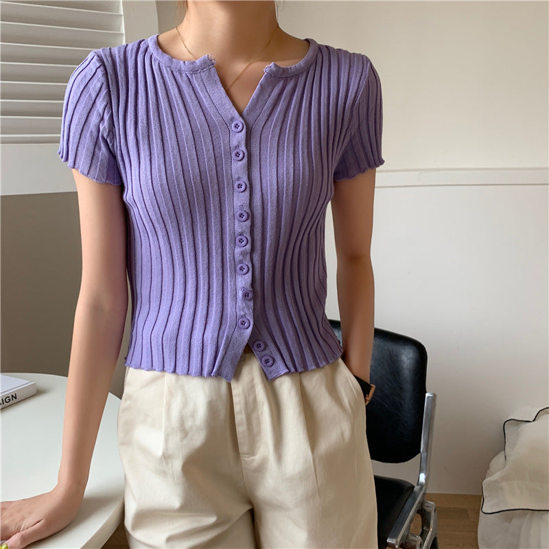 Style High Waist Cropped Short Slim Top Short Sleeve Knitted Cardigan