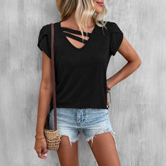 V-neck Stitching Petal Sleeve Loose T Top For Women