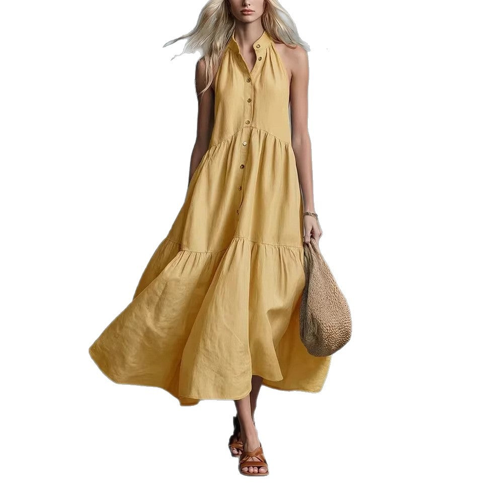 Casual Loose Linen Button-Down Vest Dress