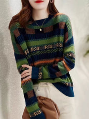 Round Neck Green Loose Striped Sweater For Women