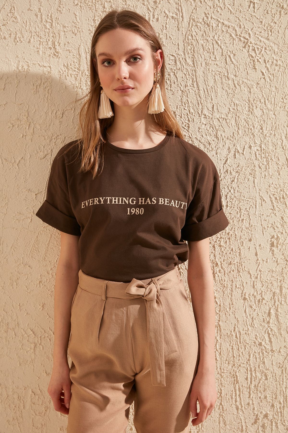 cotton t-shirts brown Printed top